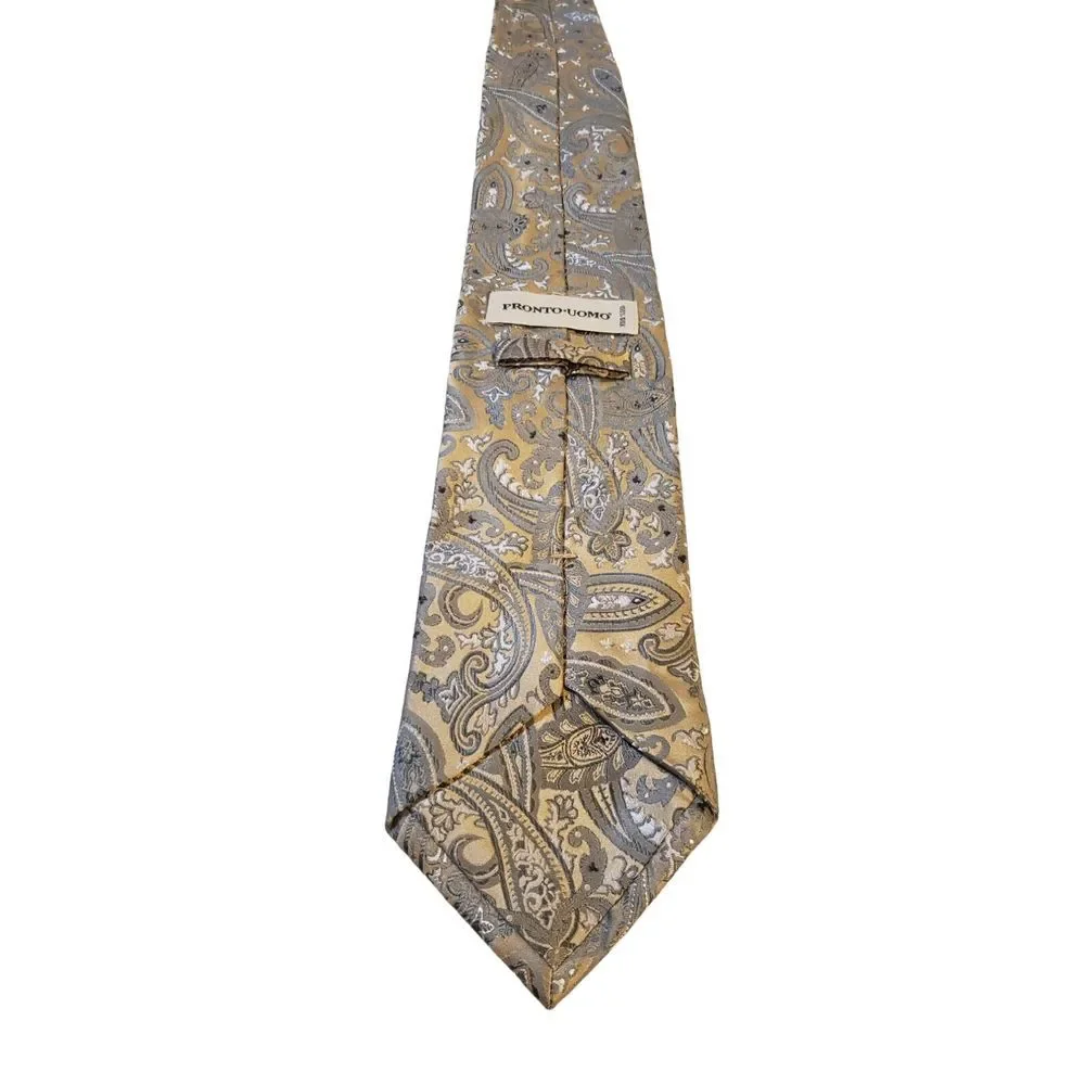 Pronto Uomo Couture‎ Mens luxury paisley silk neck tie Gold Tan x-Long Designer